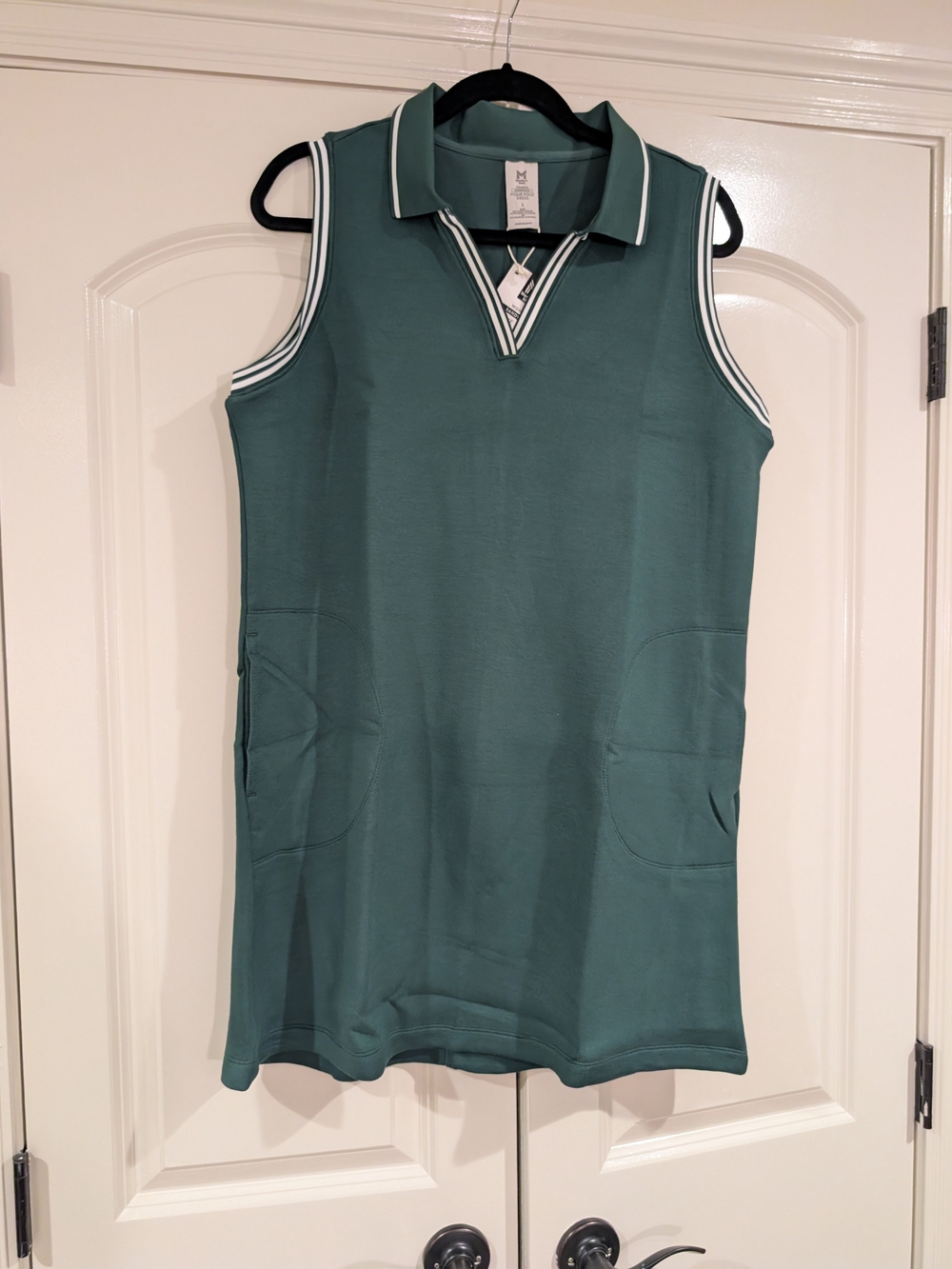 Sleeveless Polo Shift Dress in Teal with Striped Trim